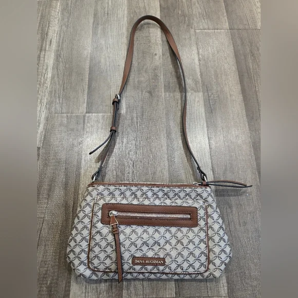 Dana Buchman Crossbody Bag Canvas Monogram Tan Preppy Classy Abstract Equestrian - Picture 2 of 14